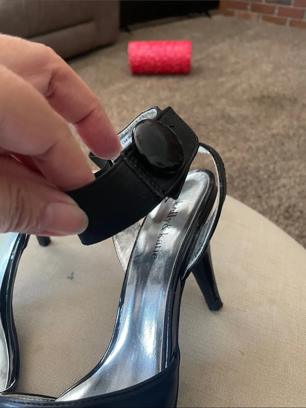 Kelly & Katie Black Open-Toe Velcro Ankle-Strap Heels with Patent Toe